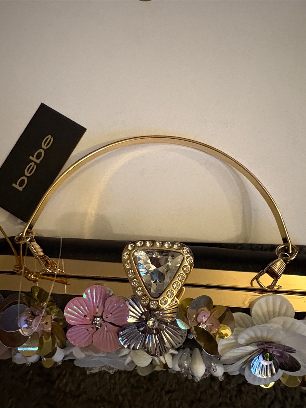NEW BEBE  Multicolor Floral Sequin Embellished Evening Clutch with Gold Handle - Picture 2 of 14